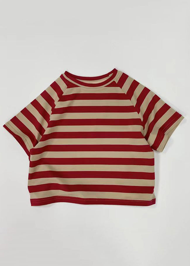 Red Striped Patchwork Tops Short Sleeve