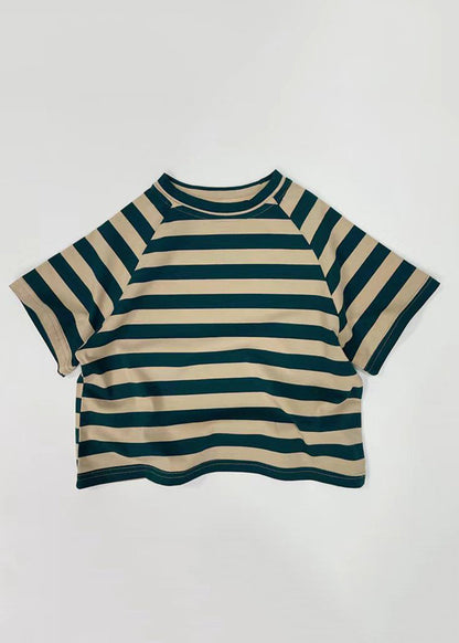 Red Striped Patchwork Tops Short Sleeve