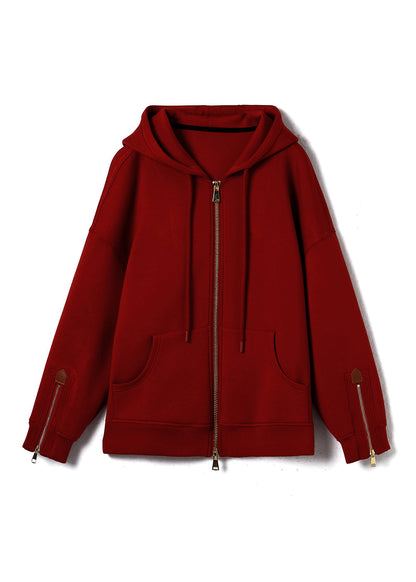 Red Hooded Pockets Zippered Cotton Coats Fall