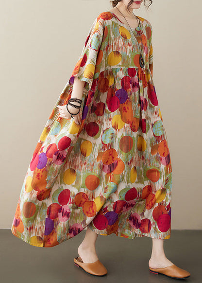 Red O-nec Print Wrinkled Maxi Dresses Half Sleeve
