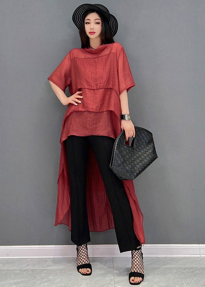 Red O-neck Asymmetrical Patchwork Dresses Short Sleeve