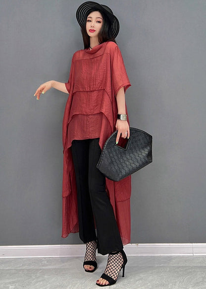 Red O-neck Asymmetrical Patchwork Dresses Short Sleeve