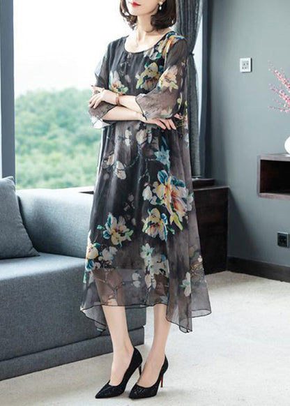 Red O-neck Print Silk Maxi Dresses Half Sleeve