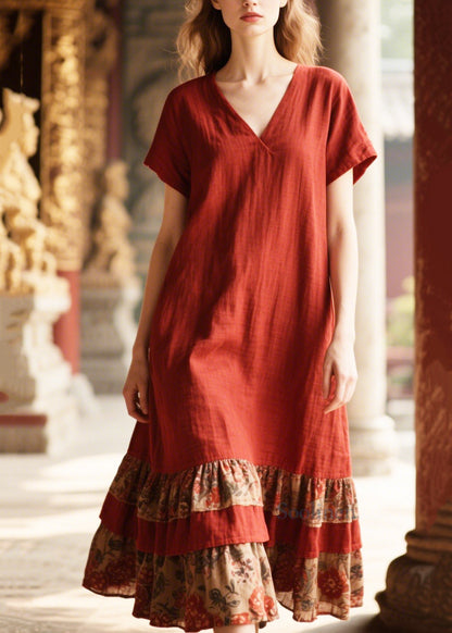 Red Oversized Patchwork Cotton Dress Summer