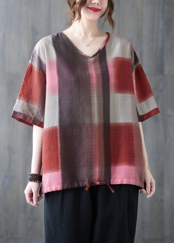 Red Oversized Plaid Linen Tanks Summer