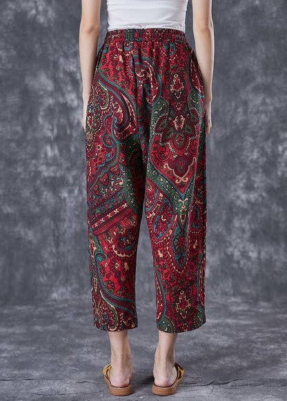 Red Oversized Pockets Print Linen Pants Trousers Summer