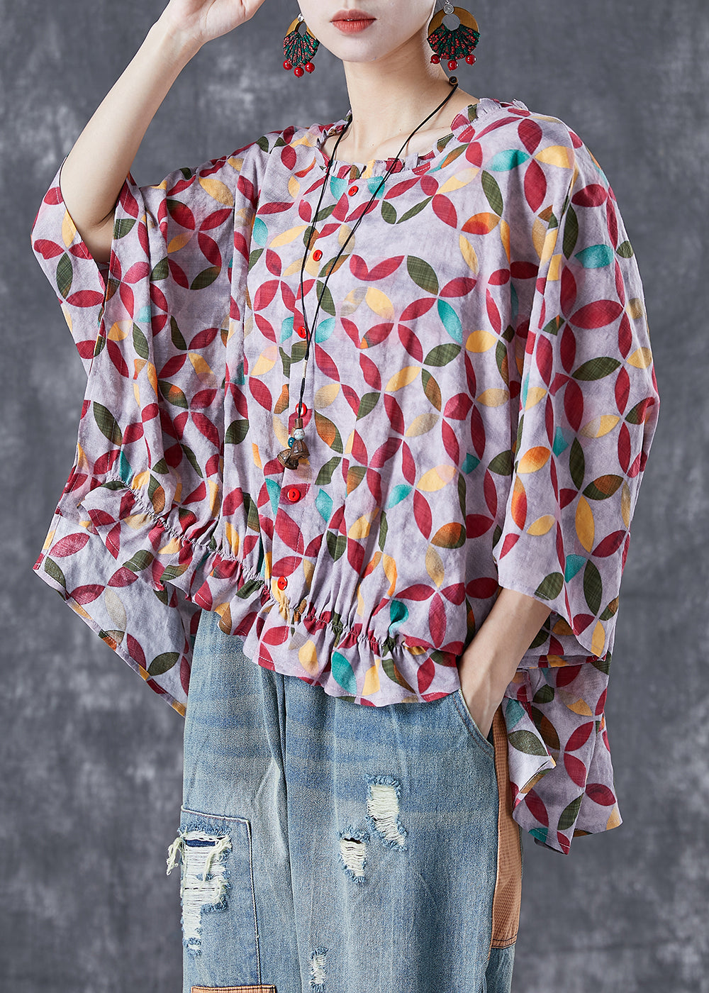 Red Oversized Print Low High Design Cotton Top Summer