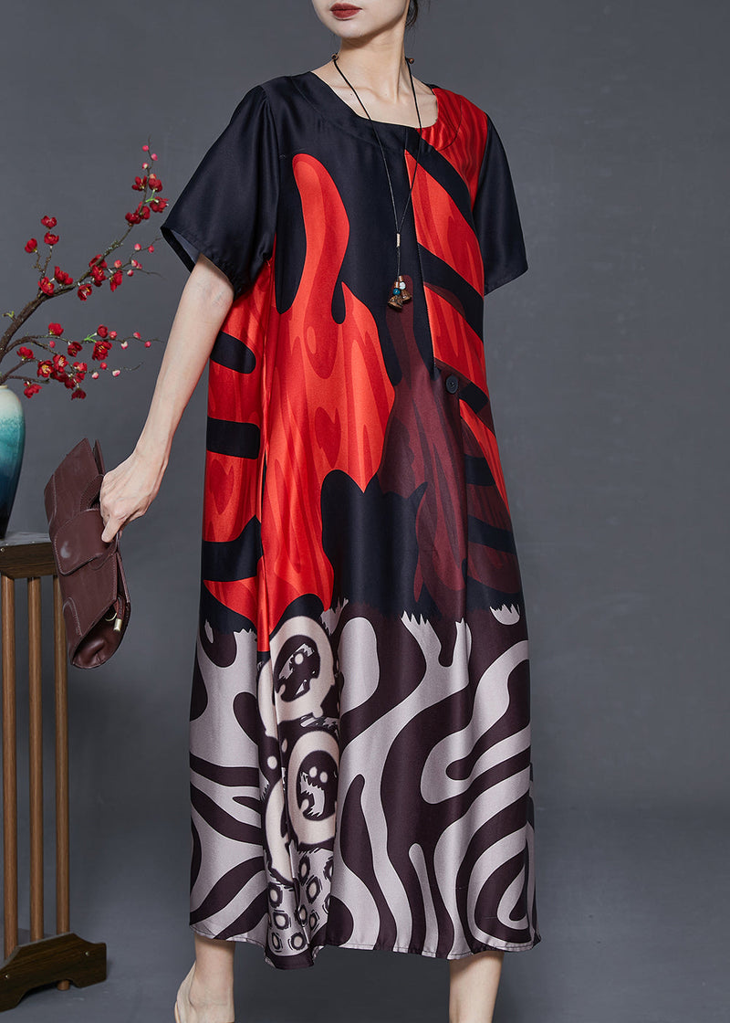 Red Oversized Print Silk Holiday Dress Summer