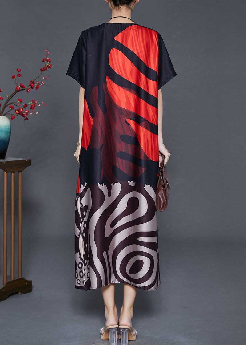 Red Oversized Print Silk Holiday Dress Summer