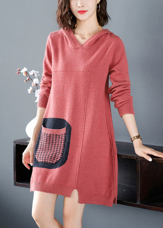 Red Patchwork Knitted Cotton Thread Hooded Sweater Dress Fall