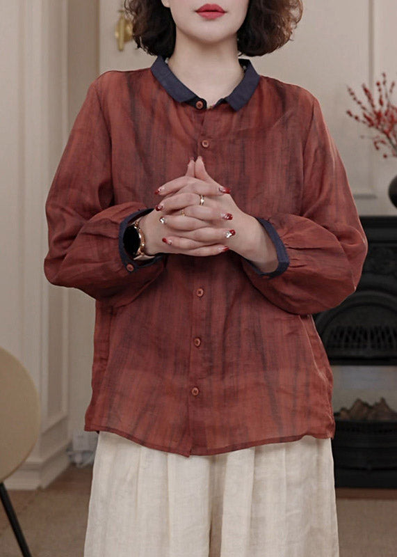 Red Peter Pan Collar Patchwork Button Shirts Fall