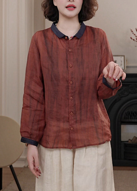 Red Peter Pan Collar Patchwork Button Shirts Fall