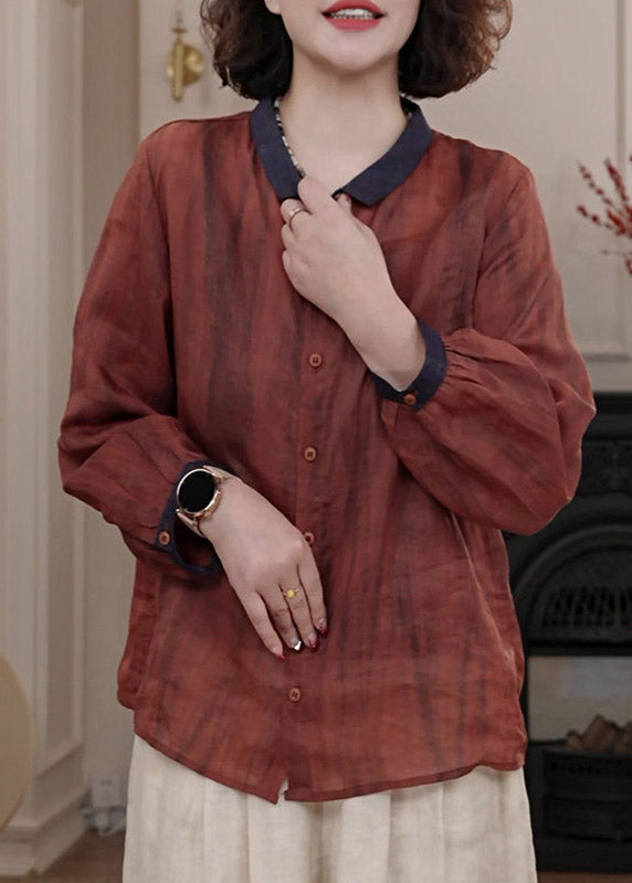 Red Peter Pan Collar Patchwork Button Shirts Fall