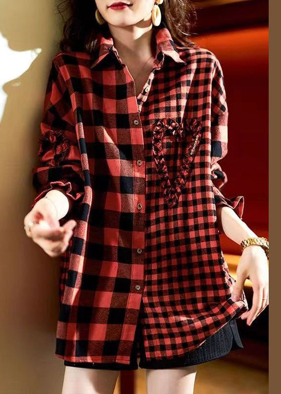 Red Plaid Button Heart Patchwork Cotton Shirts Top Spring
