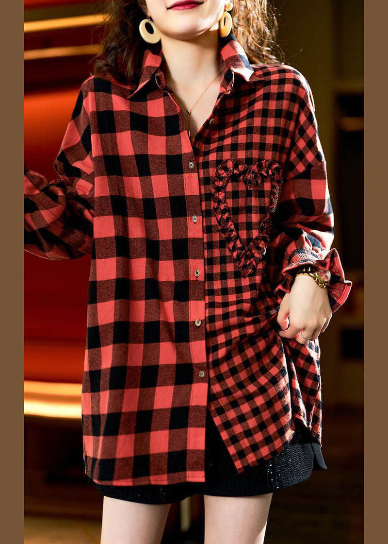 Red Plaid Button Heart Patchwork Cotton Shirts Top Spring