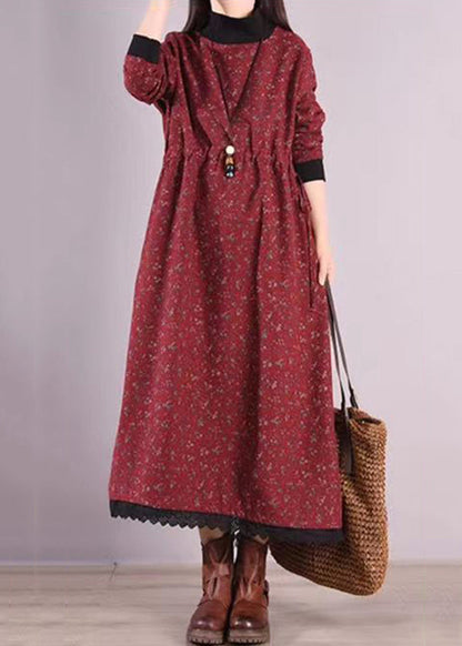 Red Print Drawstring Patchwork Warm Fleece Dresses Winter