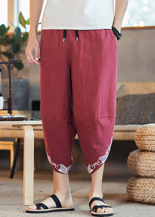 Red Print Lace Up Elastic Waist Cotton Crop Pants