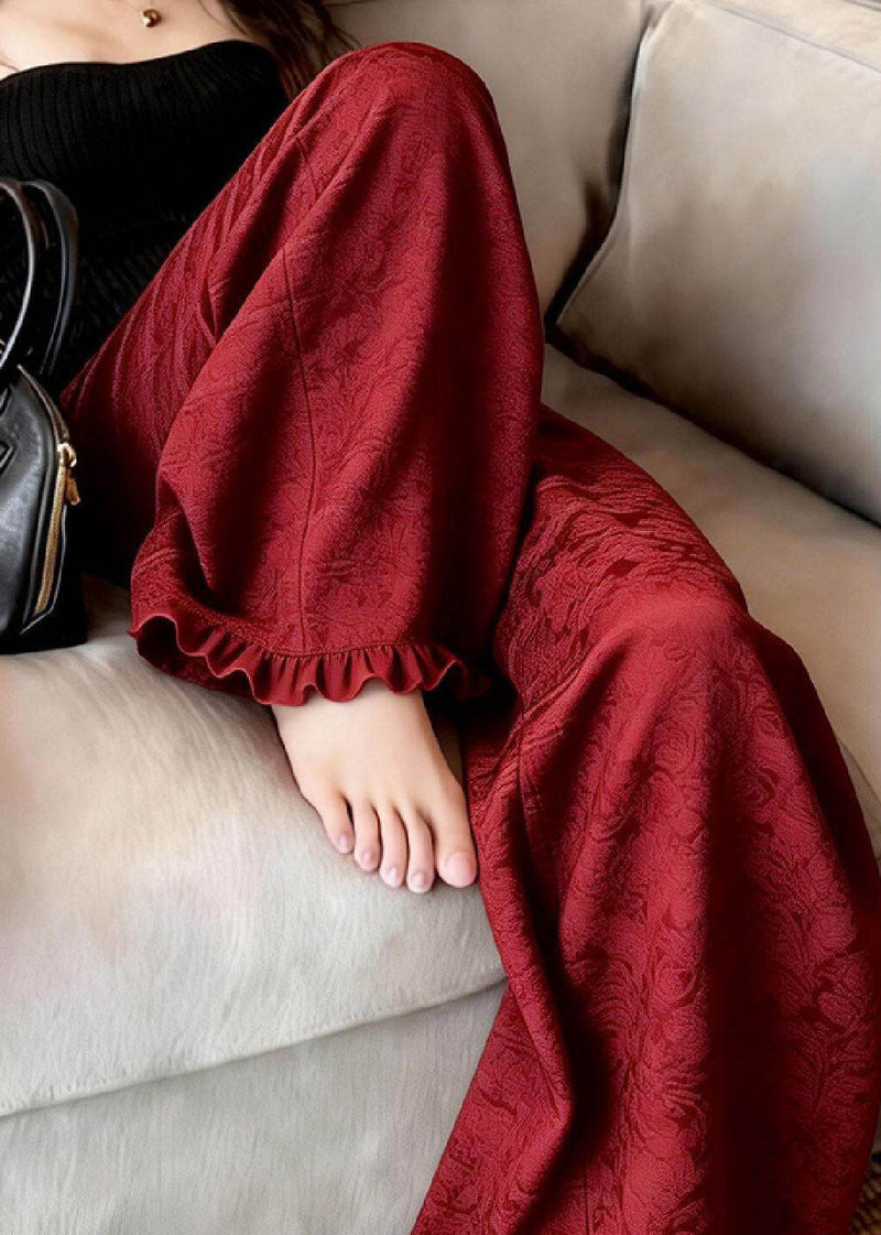 Red Ruffled Patchwork Wide Leg Pants