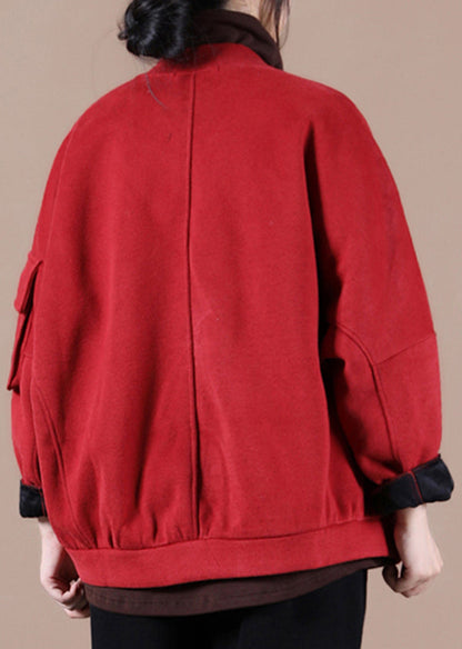 Red Stand Collar Pockets Warm Fleece Jacket Winter