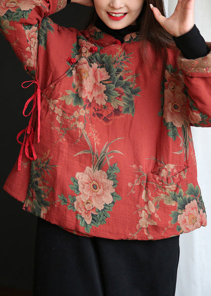 Red Stand Collar Print Button Warm Fleece Cotton Parka Winter