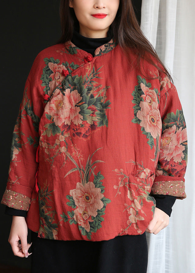 Red Stand Collar Print Button Warm Fleece Cotton Parka Winter