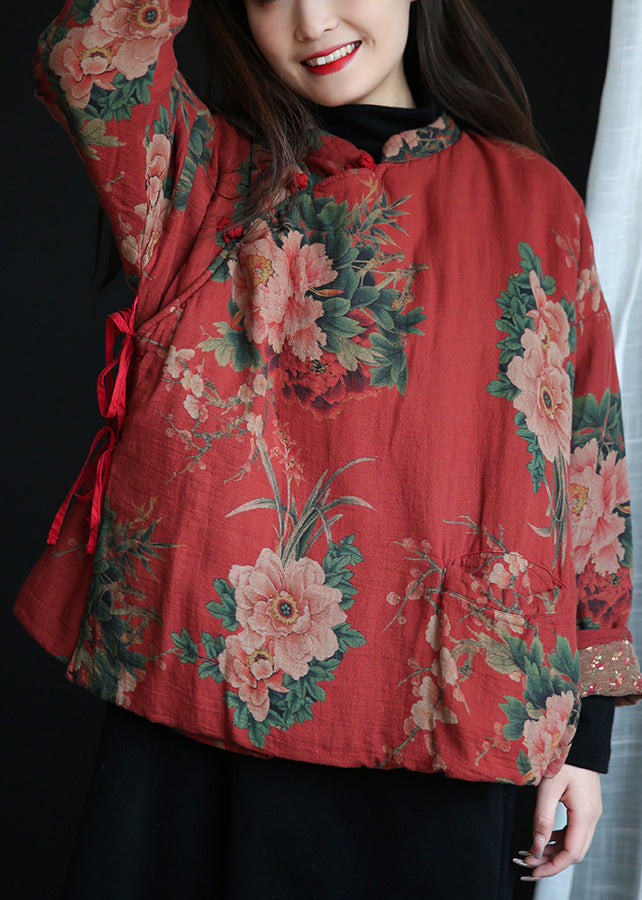 Red Stand Collar Print Button Warm Fleece Cotton Parka Winter