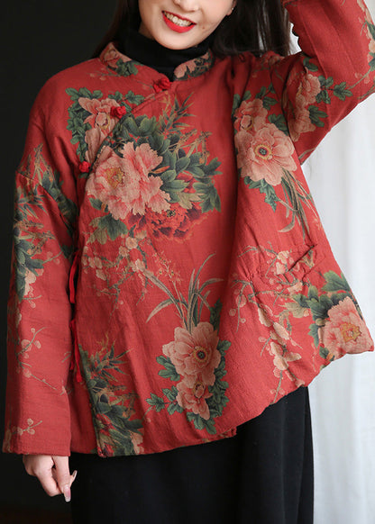 Red Stand Collar Print Button Warm Fleece Cotton Parka Winter