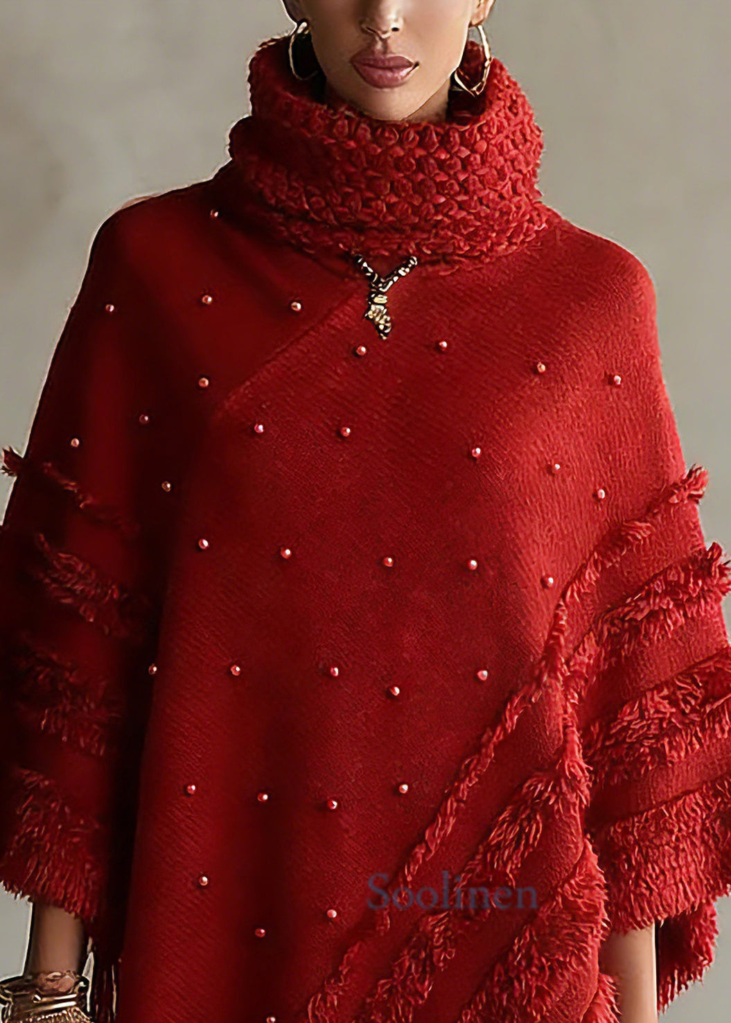 Red Turtleneck Tassel Patchwork Cotton Knit Sweaters Tops Batwing Sleeve