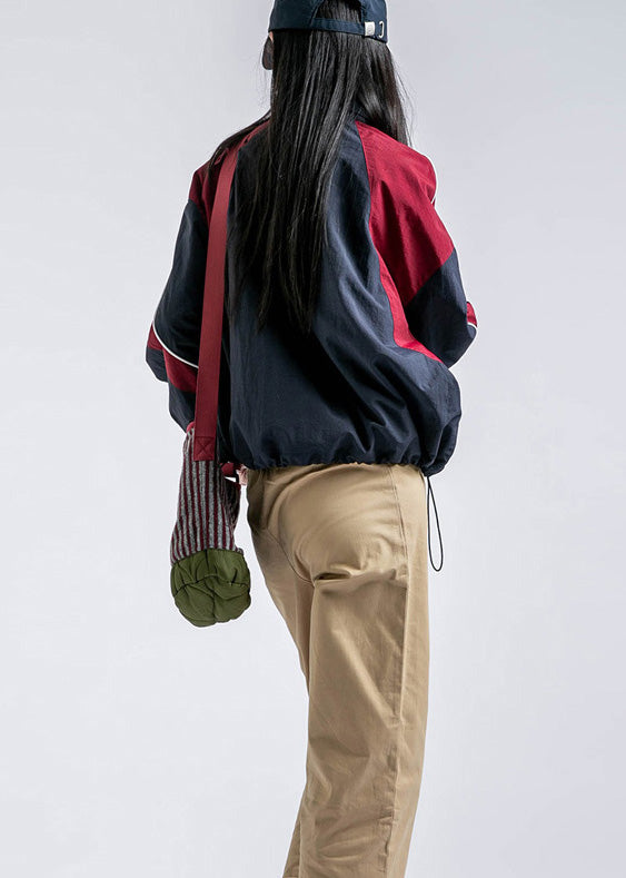 Red Zip Up Pockets Drawstring Patchwork Coat Spring