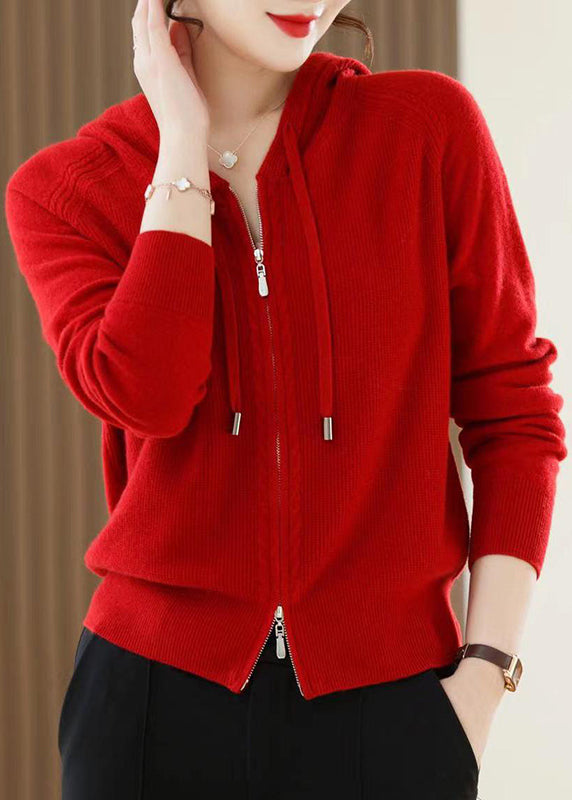 Red Zip Up Wool Knit Hooded Cardigans Spring
