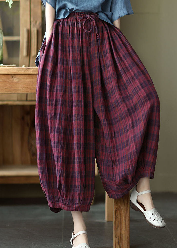 Red Elastic Waist Drawstring Cotton Pants Spring