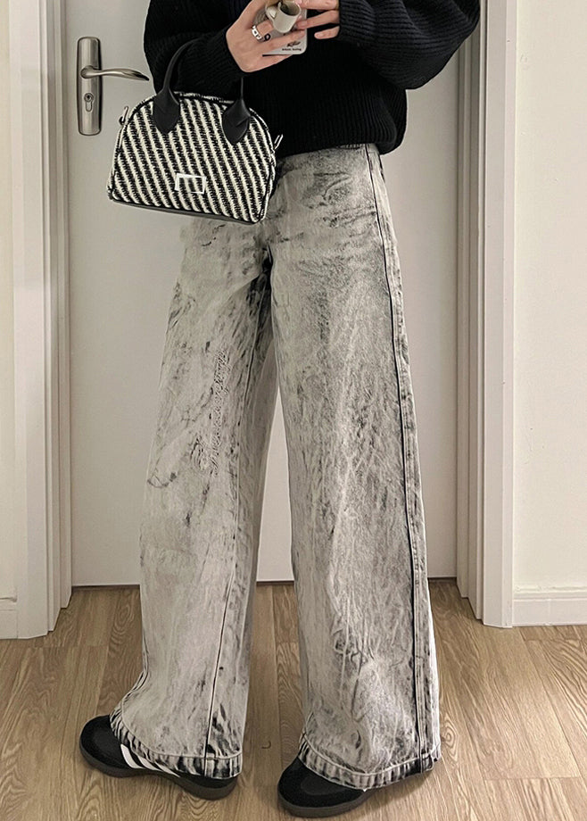Retro Grey Patchwork High Waist Denim Pants