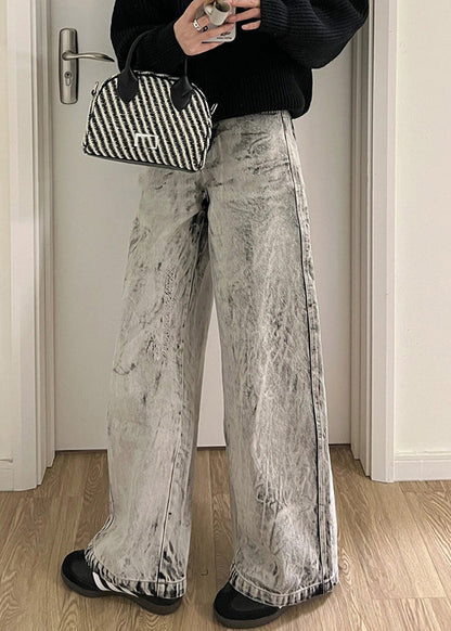Retro Grey Patchwork High Waist Denim Pants