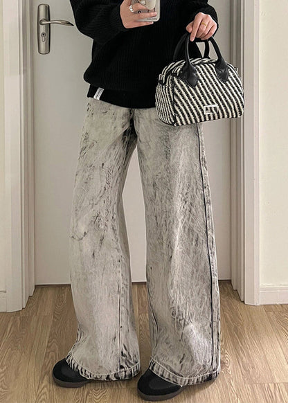 Retro Grey Patchwork High Waist Denim Pants