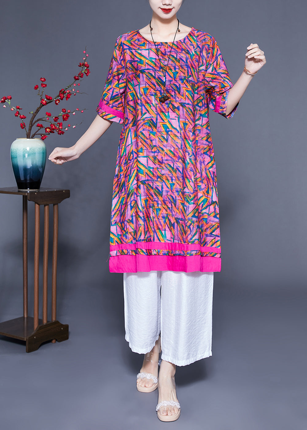 Rose Oversized Print Linen Silk Robe Dresses Summer