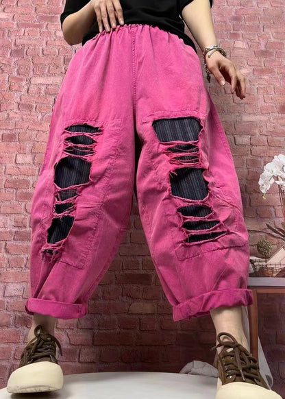 Rose Pockets Elastic Waist Ripped Denim Pants Spring