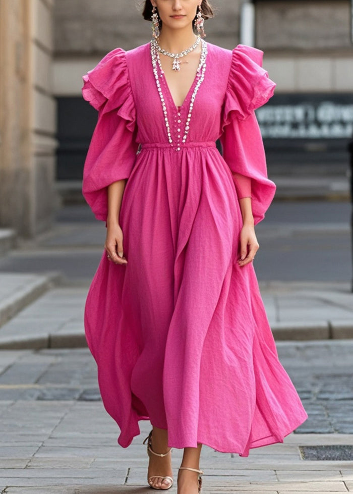 Rose Ruffled Nail Bead Cotton Party Dress Spring