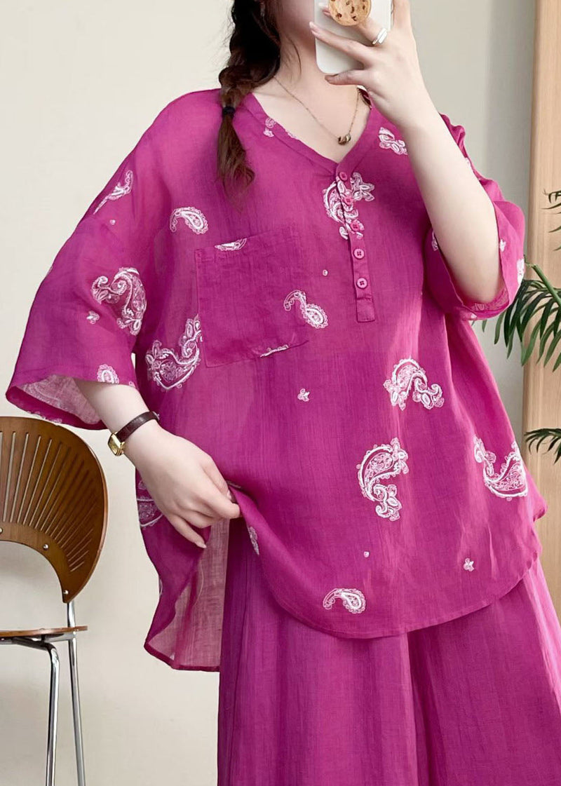 Rose V Neck Embroidered Linen Top Summer
