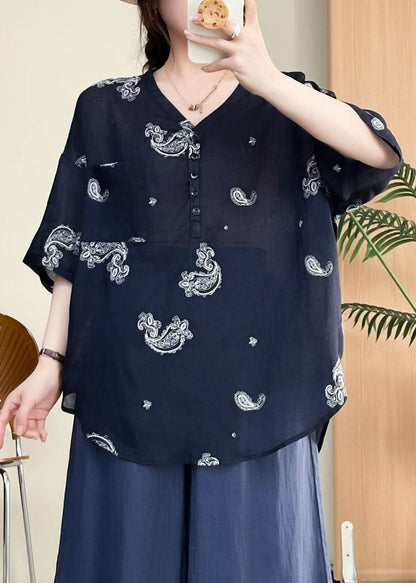 Rose V Neck Embroidered Linen Top Summer