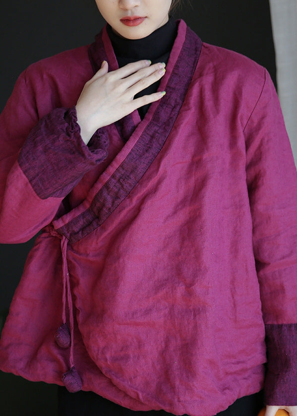 Rose V Neck Tie Waist Warm Fleece Linen Parka Winte