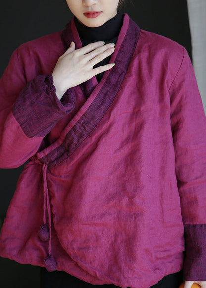 Rose V Neck Tie Waist Warm Fleece Linen Parka Winte
