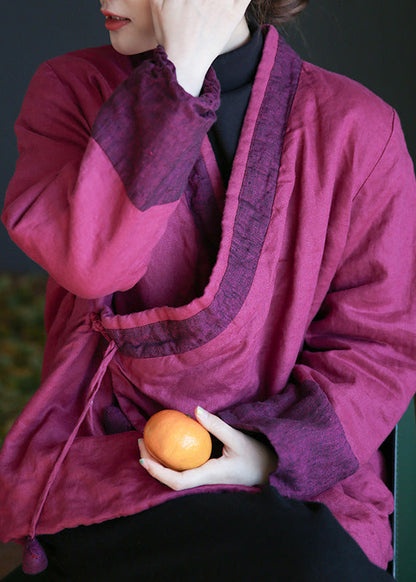 Rose V Neck Tie Waist Warm Fleece Linen Parka Winte