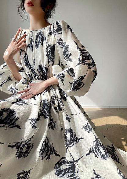 Slash Neck Print Maxi Dresses Puff Sleeve