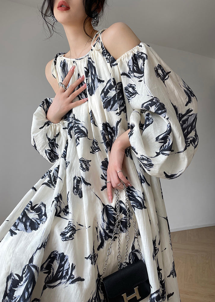 Slash Neck Print Maxi Dresses Puff Sleeve