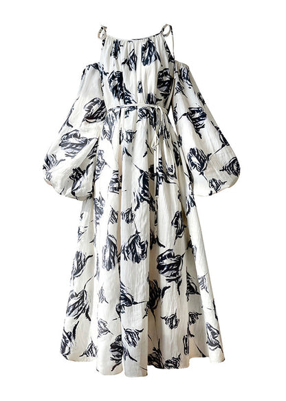 Slash Neck Print Maxi Dresses Puff Sleeve