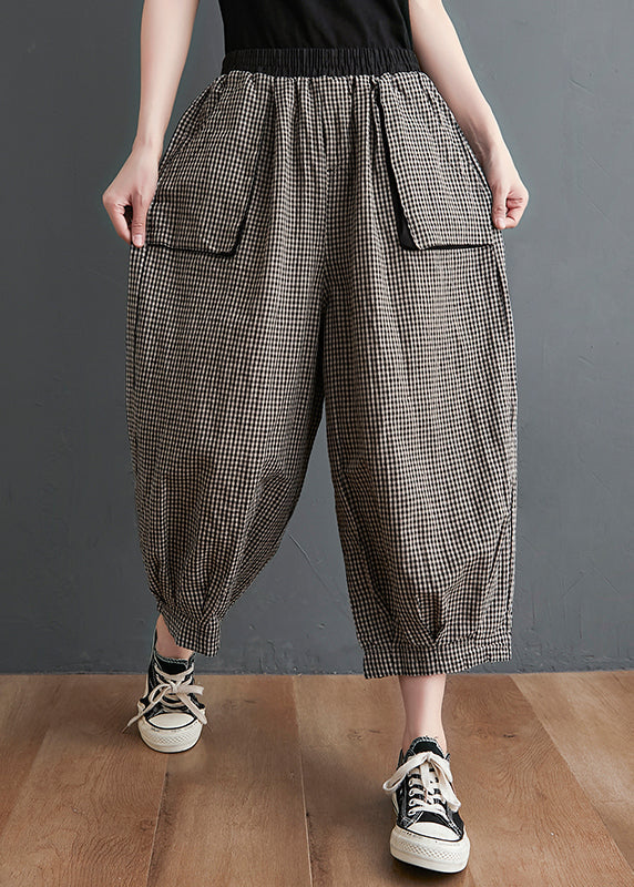 Small Plaid Pockets Elastic Waist Cotton Crop Pants Summer