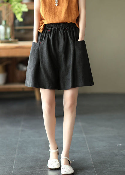 Black Elastic Waist Linen Shorts Trousers Summer