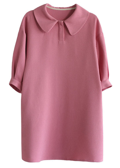 Pink Peter Pan Collar Plaid Cotton a Line Dresses Bracelet Sleeve