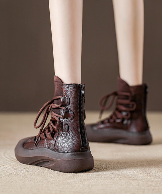 Splicing Platform Boots Black Cowhide Leather Lace Up