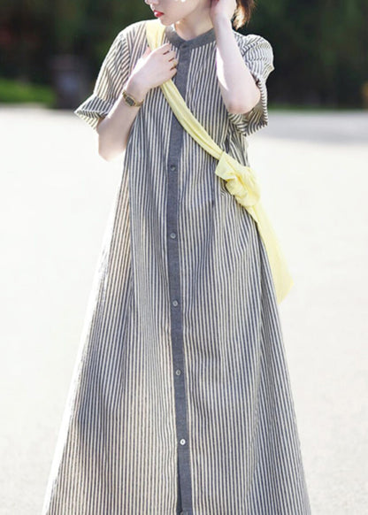 Stand Collar Striped Button Cotton Shirts Dress Summer